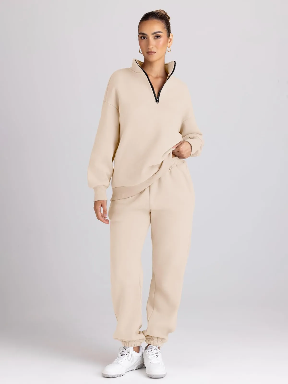 Trendy Queen Womens 2 Piece Outfits Long Sleeve Sweatsuits Sets Half Zip Sweatshirts with Joggers Sweatpants