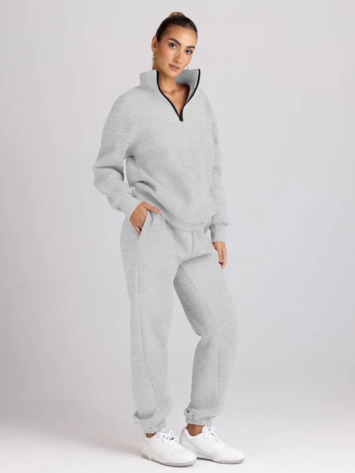 Trendy Queen Womens 2 Piece Outfits Long Sleeve Sweatsuits Sets Half Zip Sweatshirts with Joggers Sweatpants