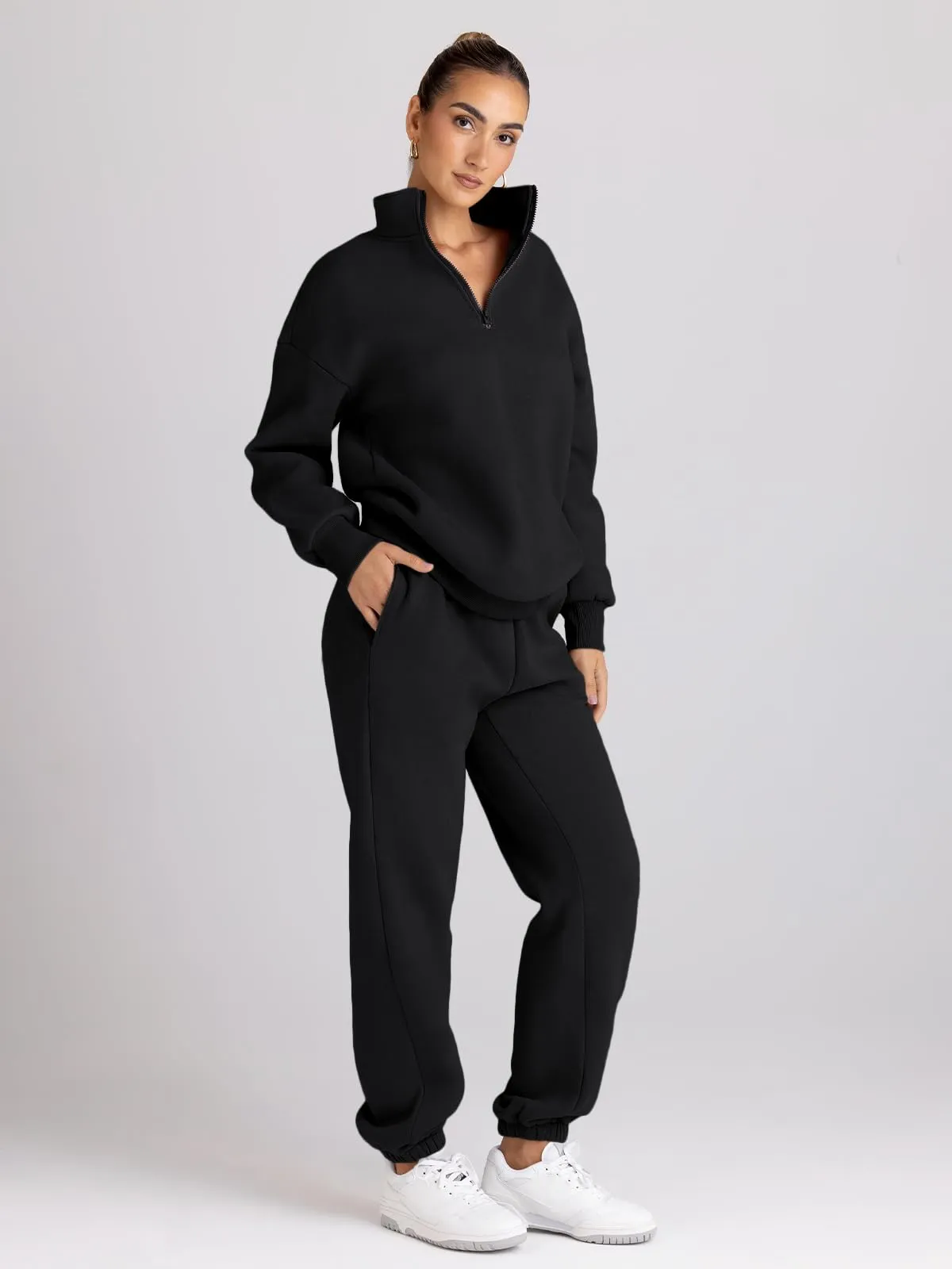 Trendy Queen Womens 2 Piece Outfits Long Sleeve Sweatsuits Sets Half Zip Sweatshirts with Joggers Sweatpants