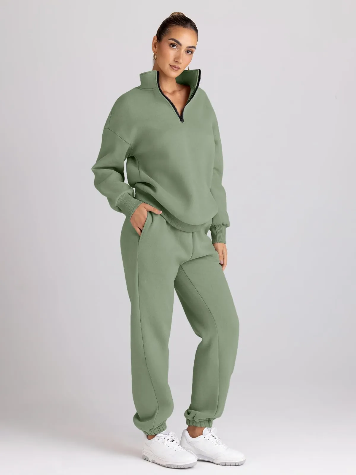 Trendy Queen Womens 2 Piece Outfits Long Sleeve Sweatsuits Sets Half Zip Sweatshirts with Joggers Sweatpants
