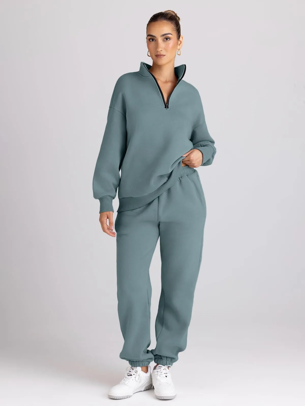 Trendy Queen Womens 2 Piece Outfits Long Sleeve Sweatsuits Sets Half Zip Sweatshirts with Joggers Sweatpants