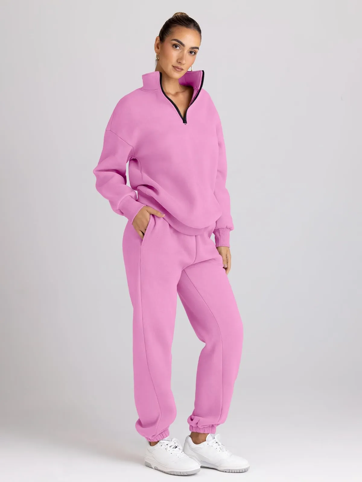 Trendy Queen Womens 2 Piece Outfits Long Sleeve Sweatsuits Sets Half Zip Sweatshirts with Joggers Sweatpants