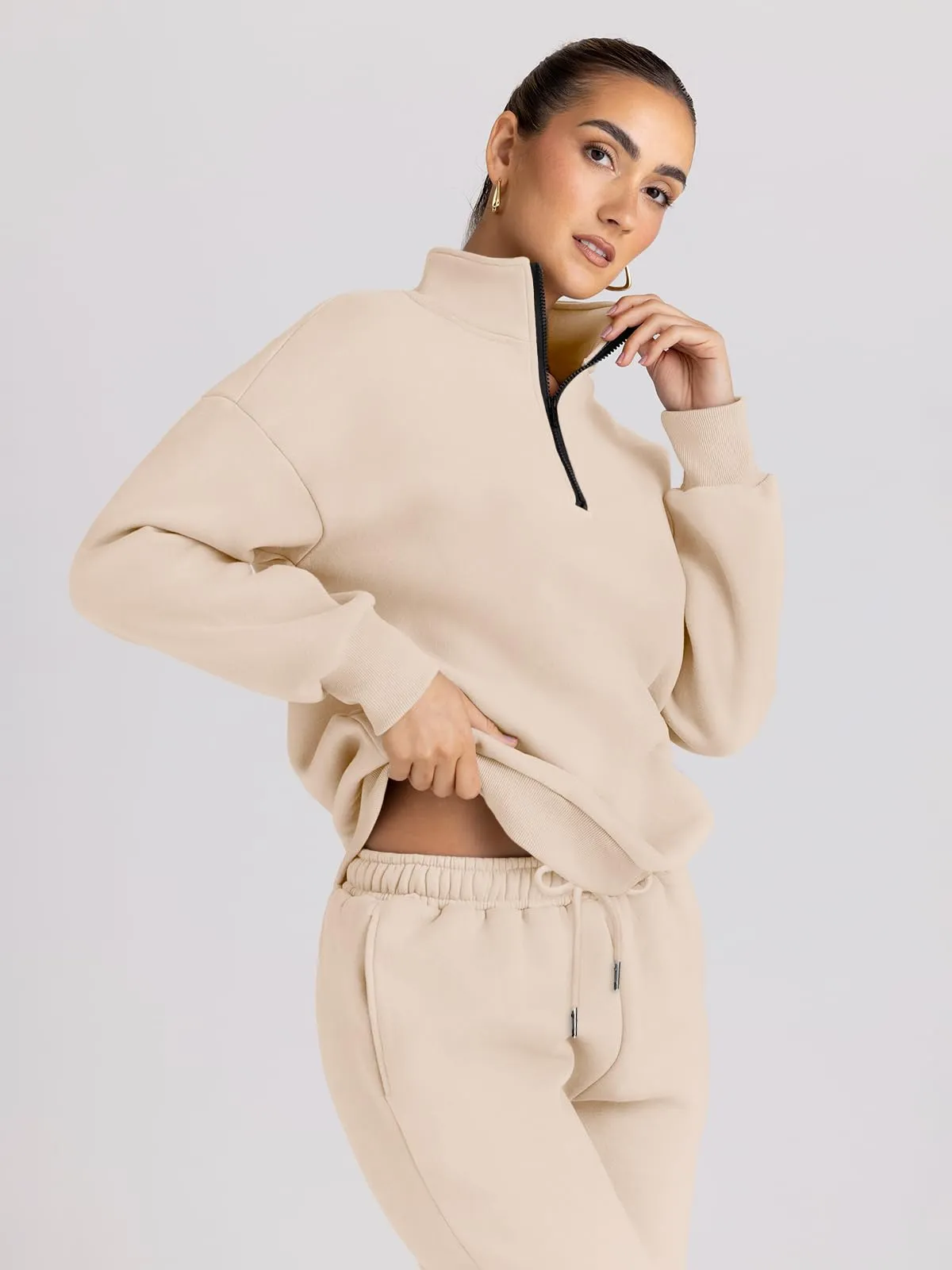 Trendy Queen Womens 2 Piece Outfits Long Sleeve Sweatsuits Sets Half Zip Sweatshirts with Joggers Sweatpants