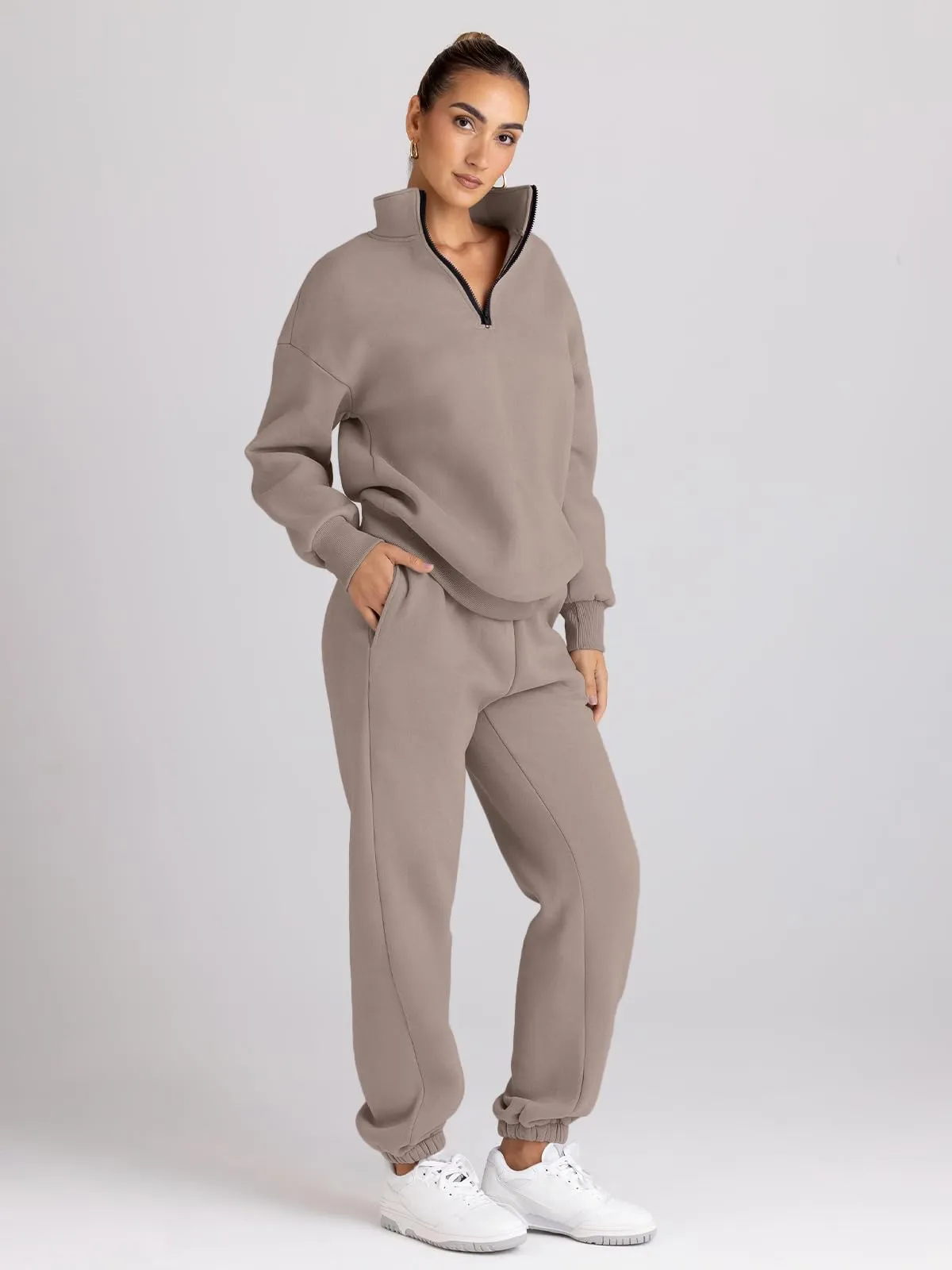 Trendy Queen Womens 2 Piece Outfits Long Sleeve Sweatsuits Sets Half Zip Sweatshirts with Joggers Sweatpants