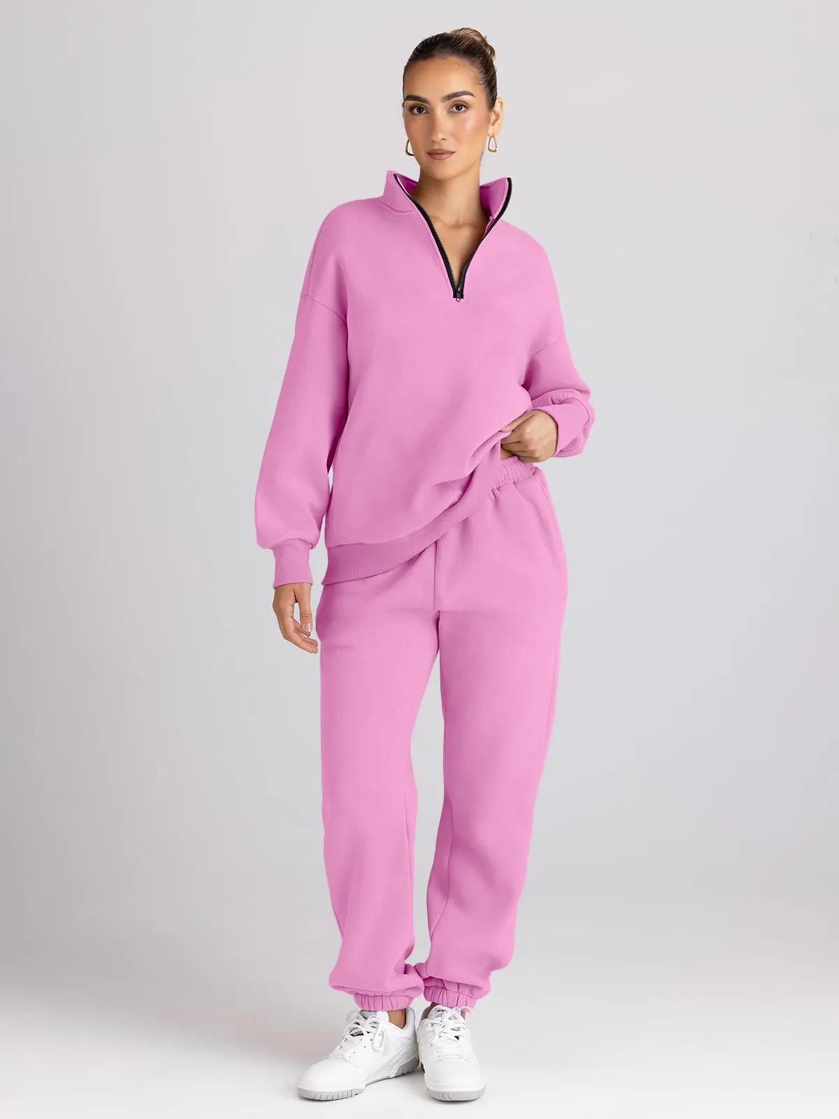 Trendy Queen Womens 2 Piece Outfits Long Sleeve Sweatsuits Sets Half Zip Sweatshirts with Joggers Sweatpants