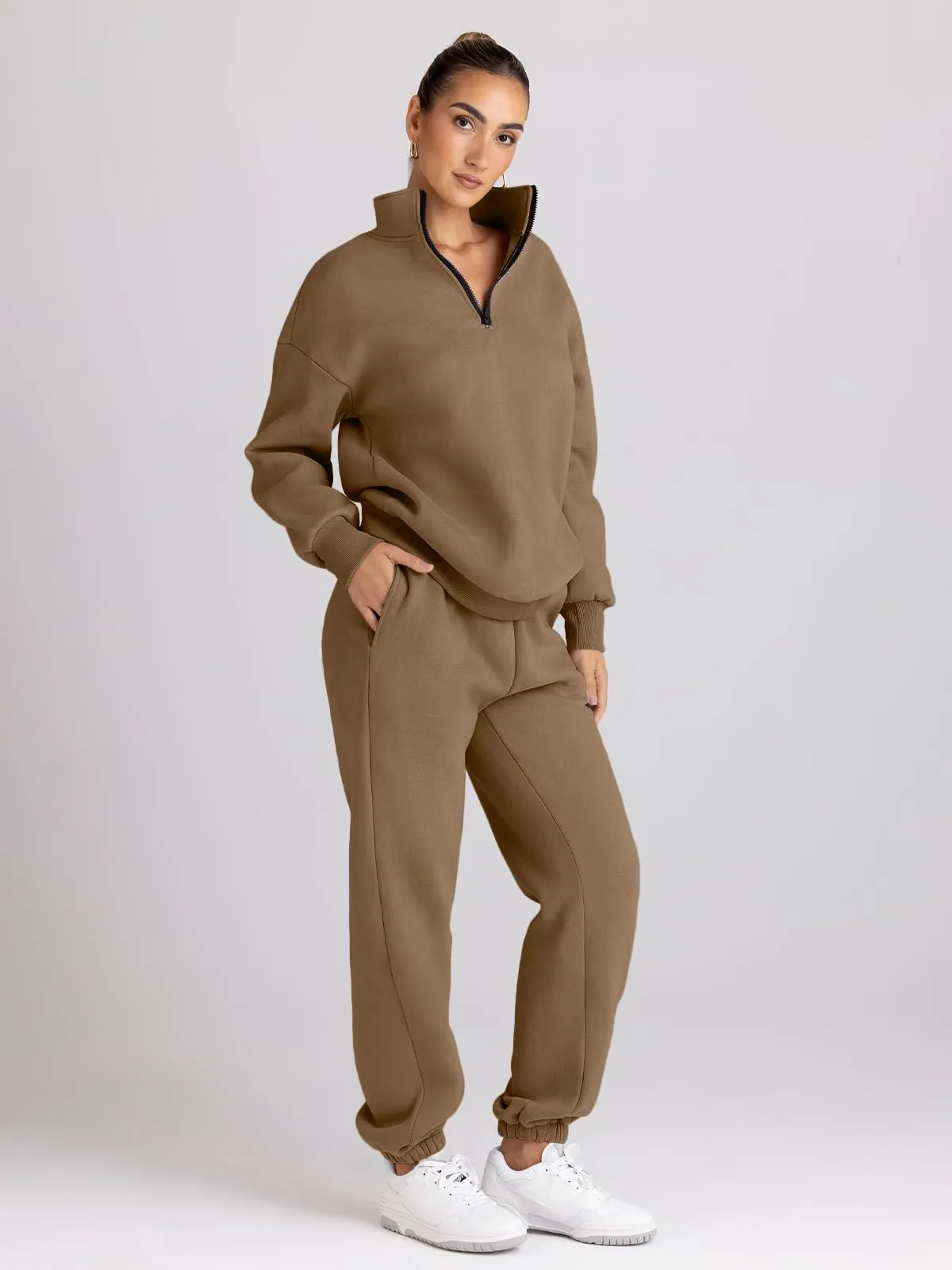 Trendy Queen Womens 2 Piece Outfits Long Sleeve Sweatsuits Sets Half Zip Sweatshirts with Joggers Sweatpants