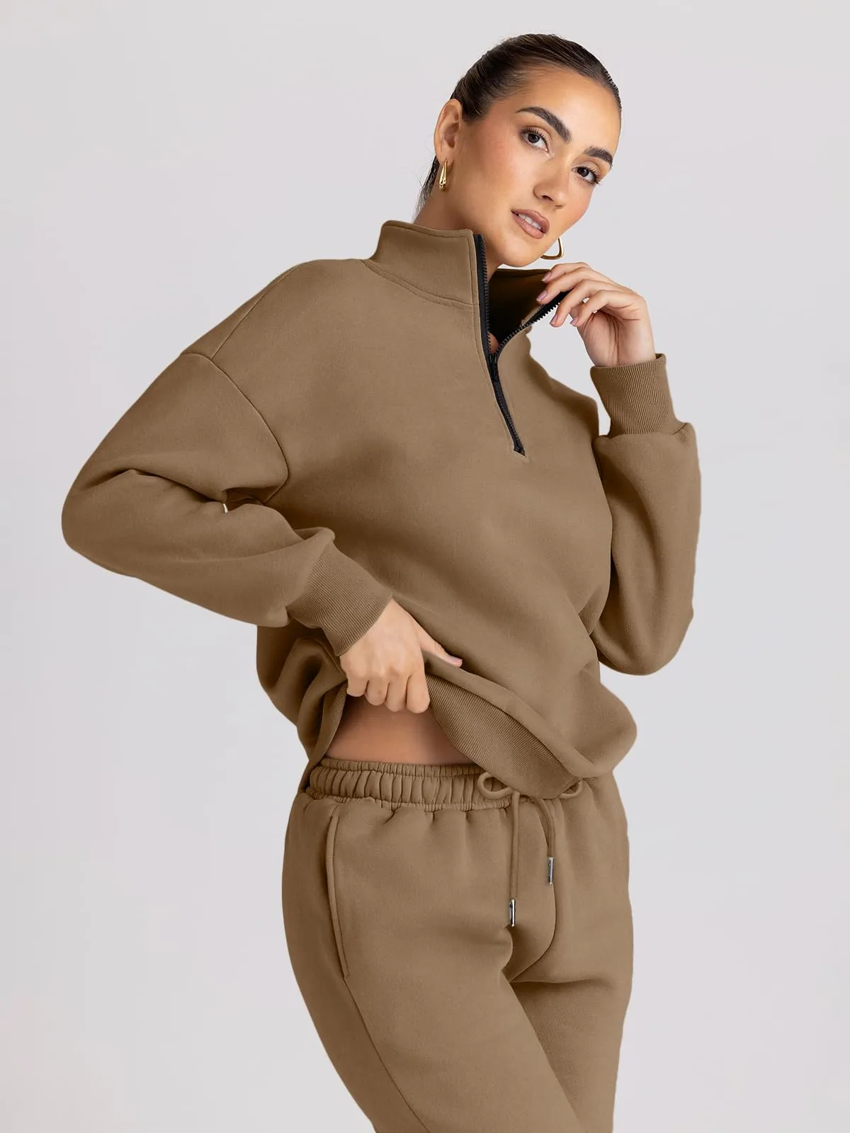 Trendy Queen Womens 2 Piece Outfits Long Sleeve Sweatsuits Sets Half Zip Sweatshirts with Joggers Sweatpants