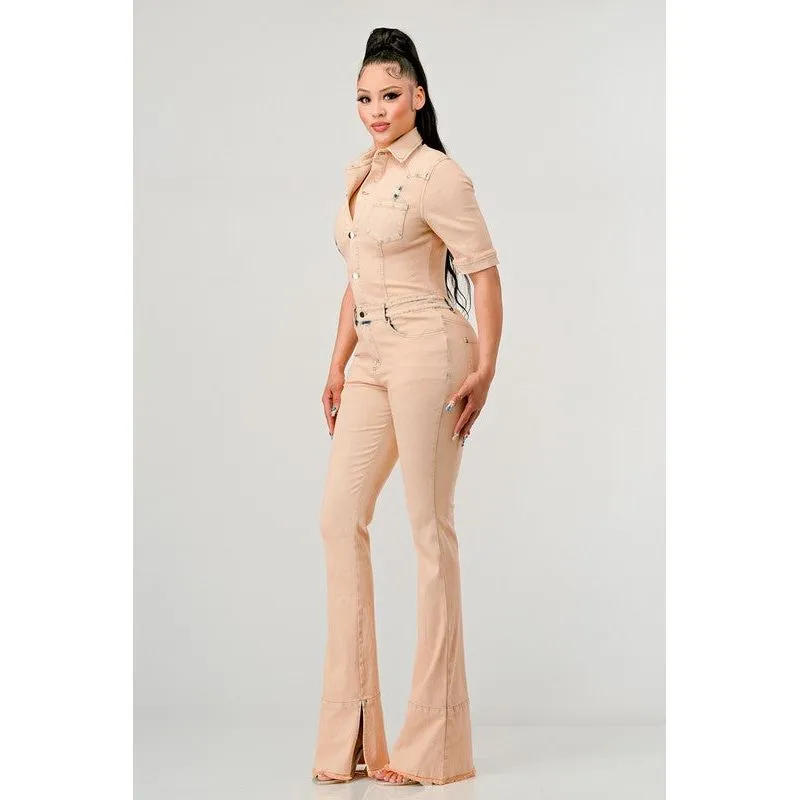 URBAN EDGE WASHED DENIM HALF SLEEVE JUMPSUIT