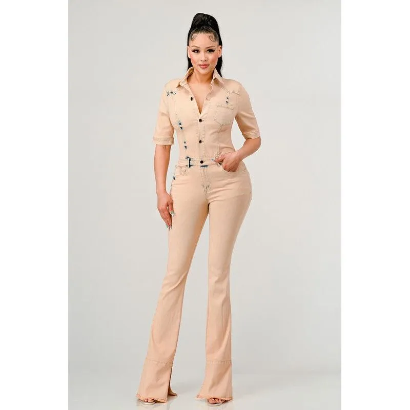 URBAN EDGE WASHED DENIM HALF SLEEVE JUMPSUIT