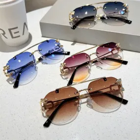 Vintage Cheetah Decor Rimless Sunglasses Men Women Trendy Gradient Shades New Double Bridge Sun Glasses UV400 Eyewear